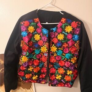 Mexican Hand Made Floral Embroidered Black Jacket